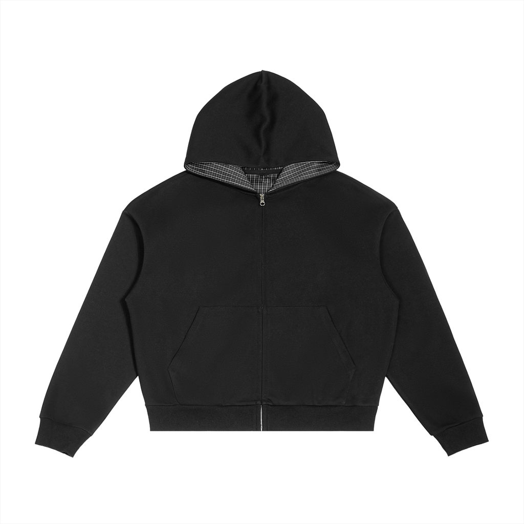 Contrast Plaid Boxy Zip Hoodie