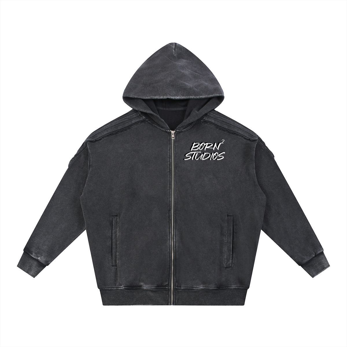 [Born]² Snow Washed Tape Raw Edge Zip Hoodie