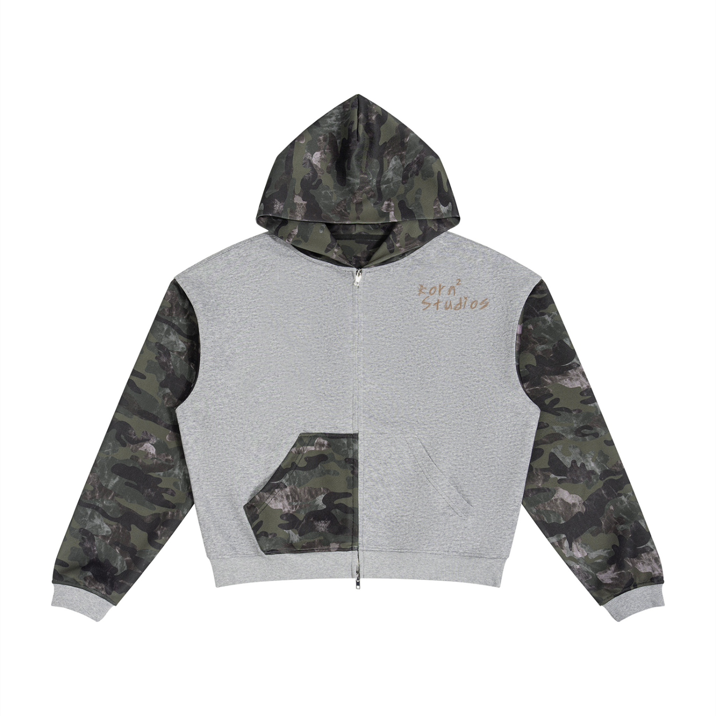 Unisex Colorblock Camo Full Zip Boxy Hoodie