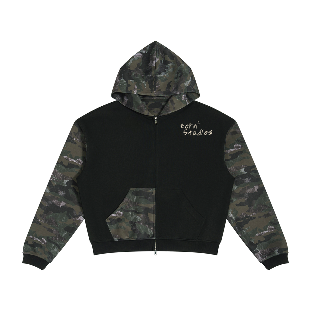 Unisex Colorblock Camo Full Zip Boxy Hoodie