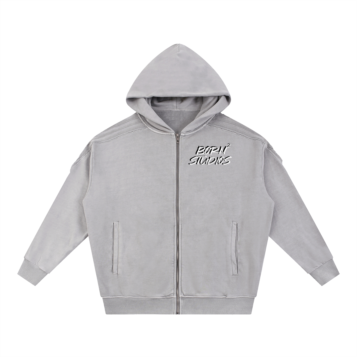 [Born]² Snow Washed Tape Raw Edge Zip Hoodie