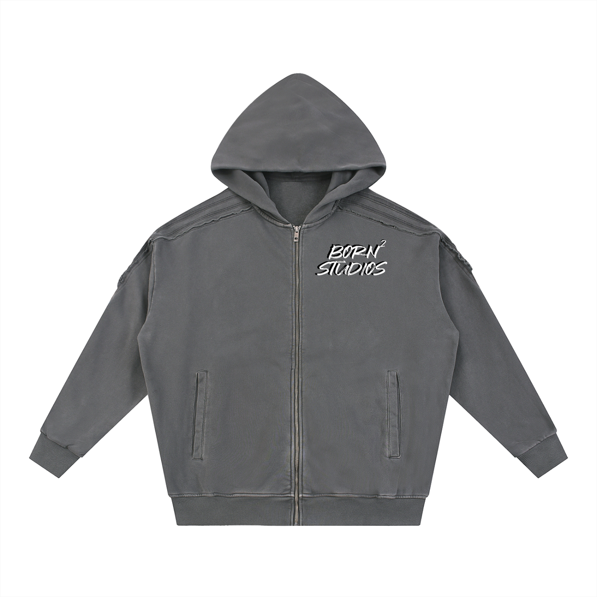 [Born]² Snow Washed Tape Raw Edge Zip Hoodie